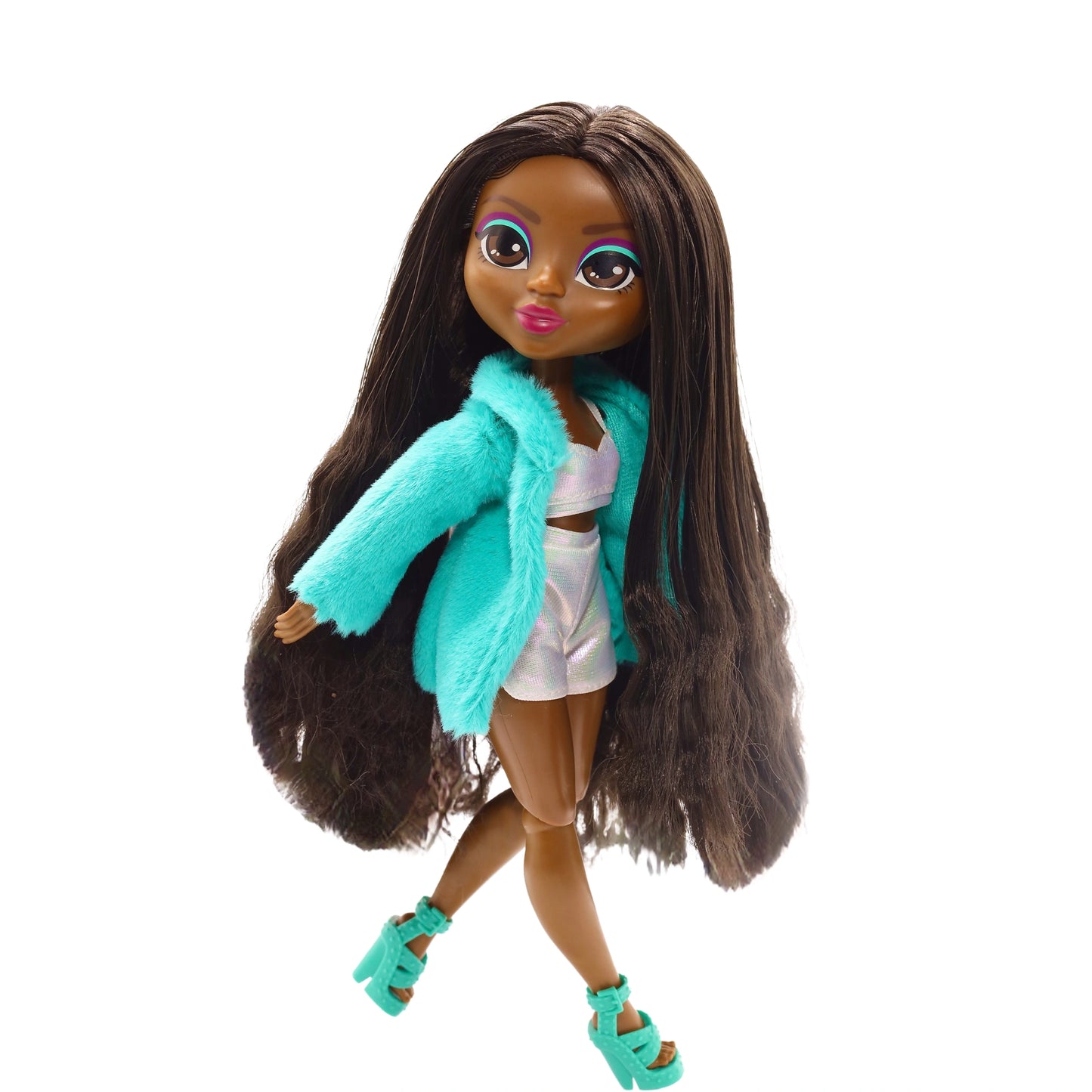 Doll with long brown hair wearing a turquoise coat and white outfit on a white background