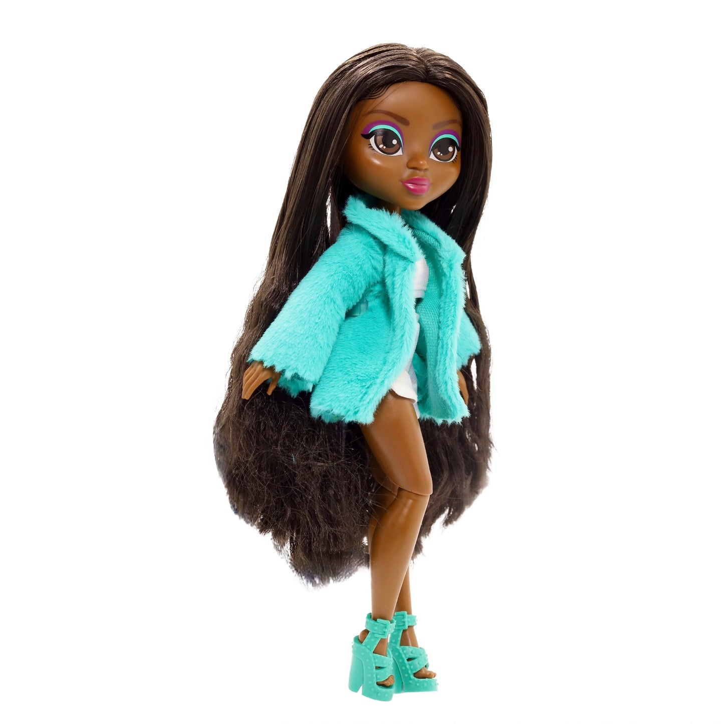 Doll wearing a turquoise coat and shoes on a white background