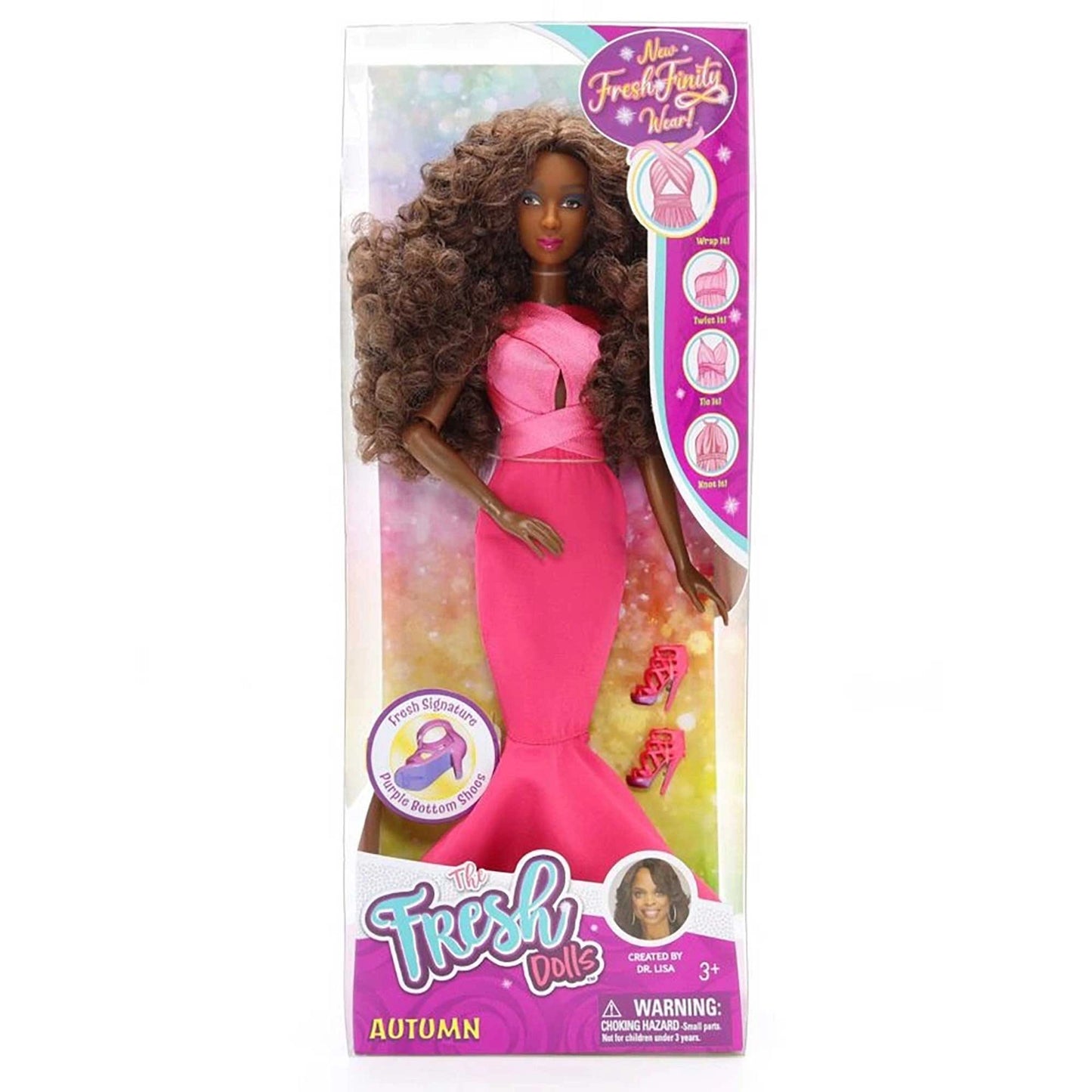 Fresh Dolls Autumn doll in a pink dress with packaging on a white background