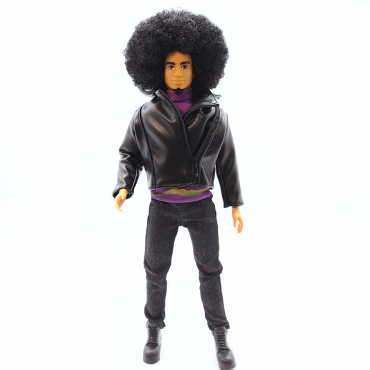 Fresh Squad Platinum Collection Ian doll with Afro hairstyle, bendable limbs, and stylish fashion including black denim jeans and leather jacket