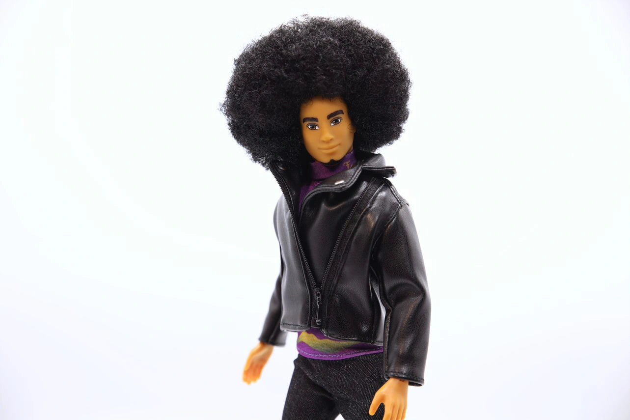 Fresh Squad Platinum Collection Ian doll with Afro hairstyle, bendable limbs, and stylish fashion including black denim jeans and leather jacket