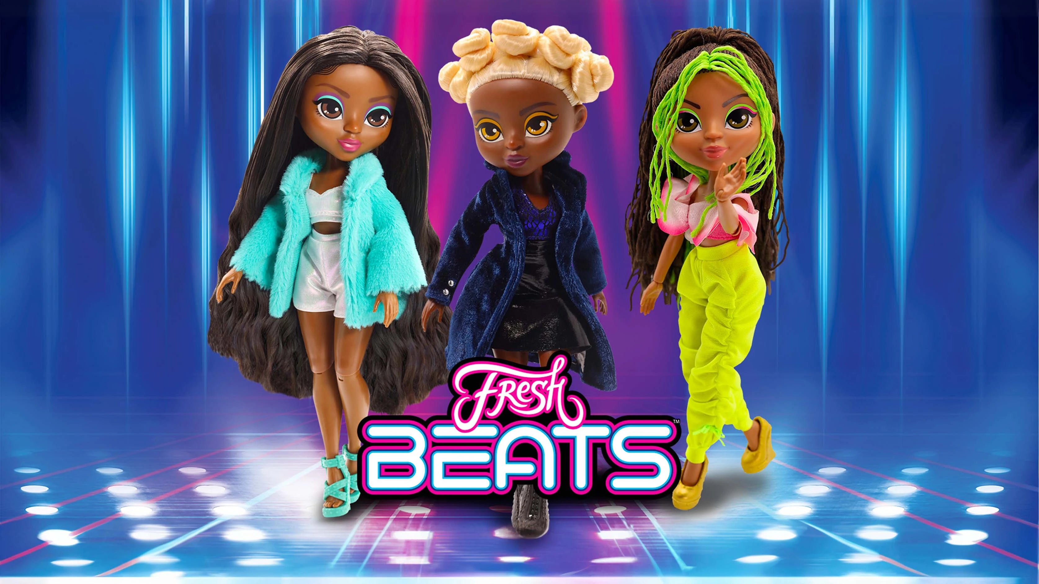 Three dolls with colorful hairstyles and outfits on a vibrant blue background with 'Fresh Beats' text.