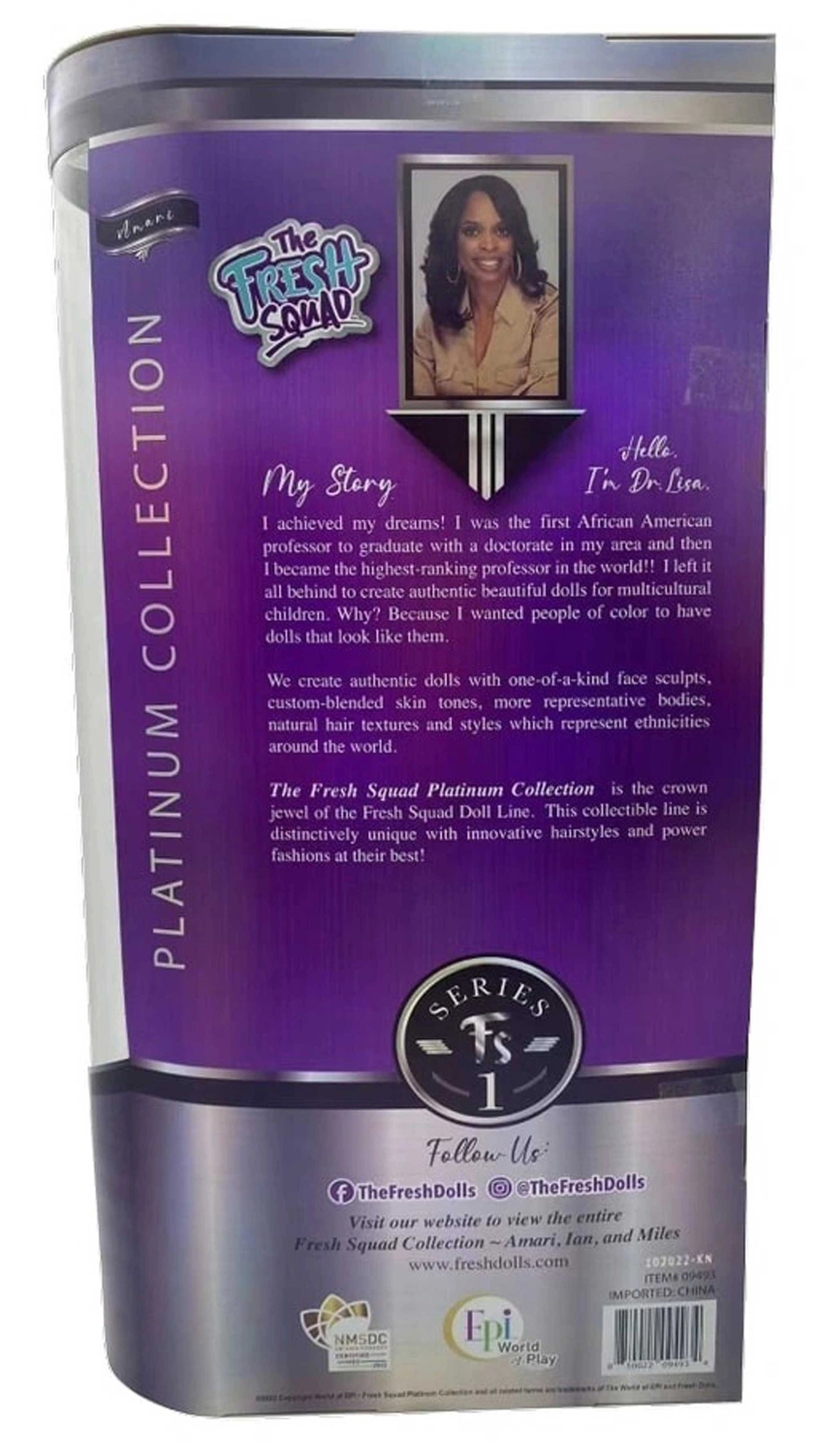 Back of a purple container with text and branding, featuring a woman's face.