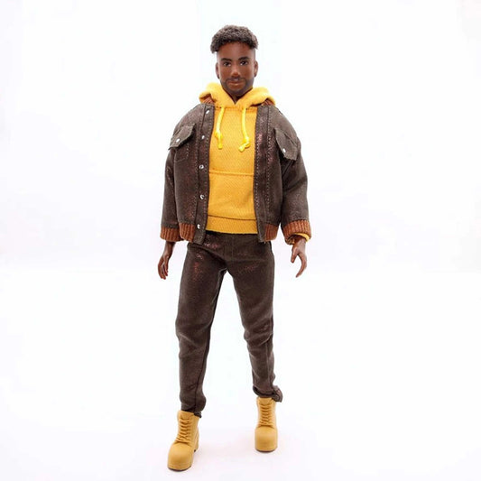 Person wearing a brown jacket, yellow hoodie, and pants with yellow boots on a white background