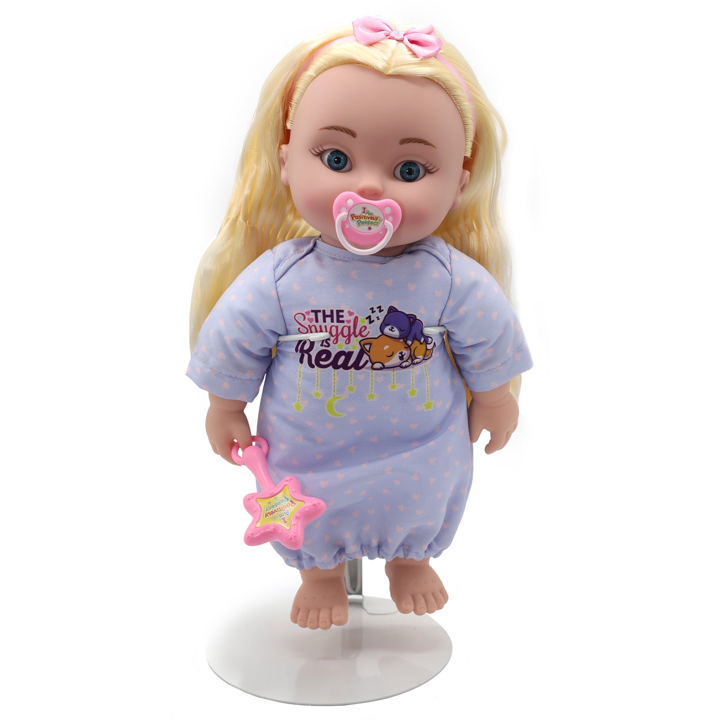 Kayla toddler doll with blond hair in blue pajamas and pink bow
