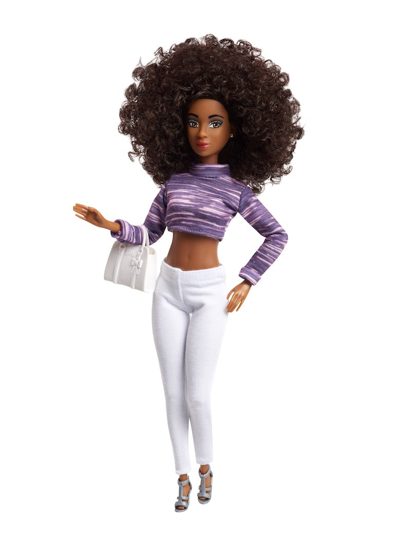 curvy fashion doll clothes purple crop top white pants bag