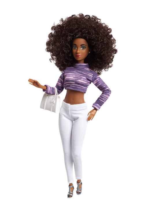 curvy fashion doll clothes purple crop top white pants bag