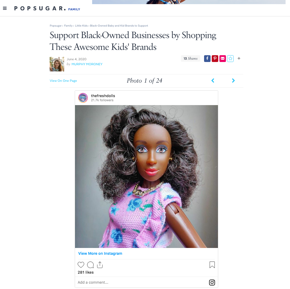 The Fresh Dolls was Featured with Black Owned Businesses for Kids on PopSugar.com!
