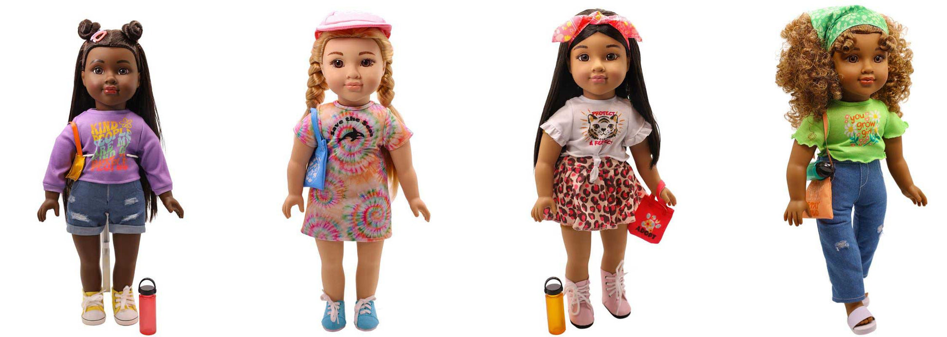 Four dolls with different outfits on a white background