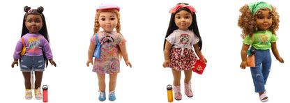 Four dolls with different outfits on a white background