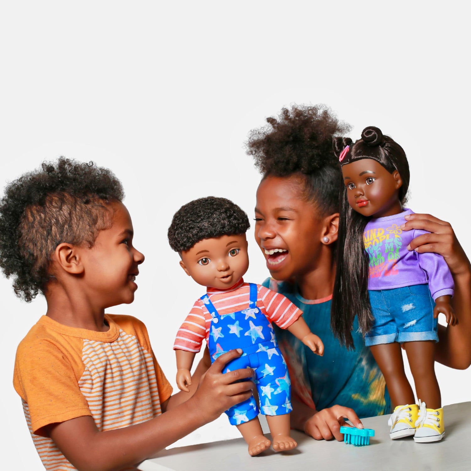 Children playing with dolls on a white background