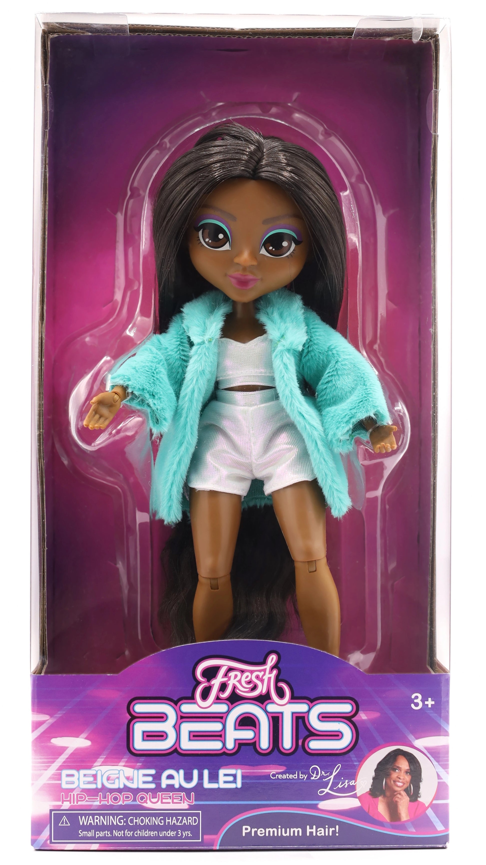 Toy doll in packaging with 'Fresh Beats' branding on a purple background