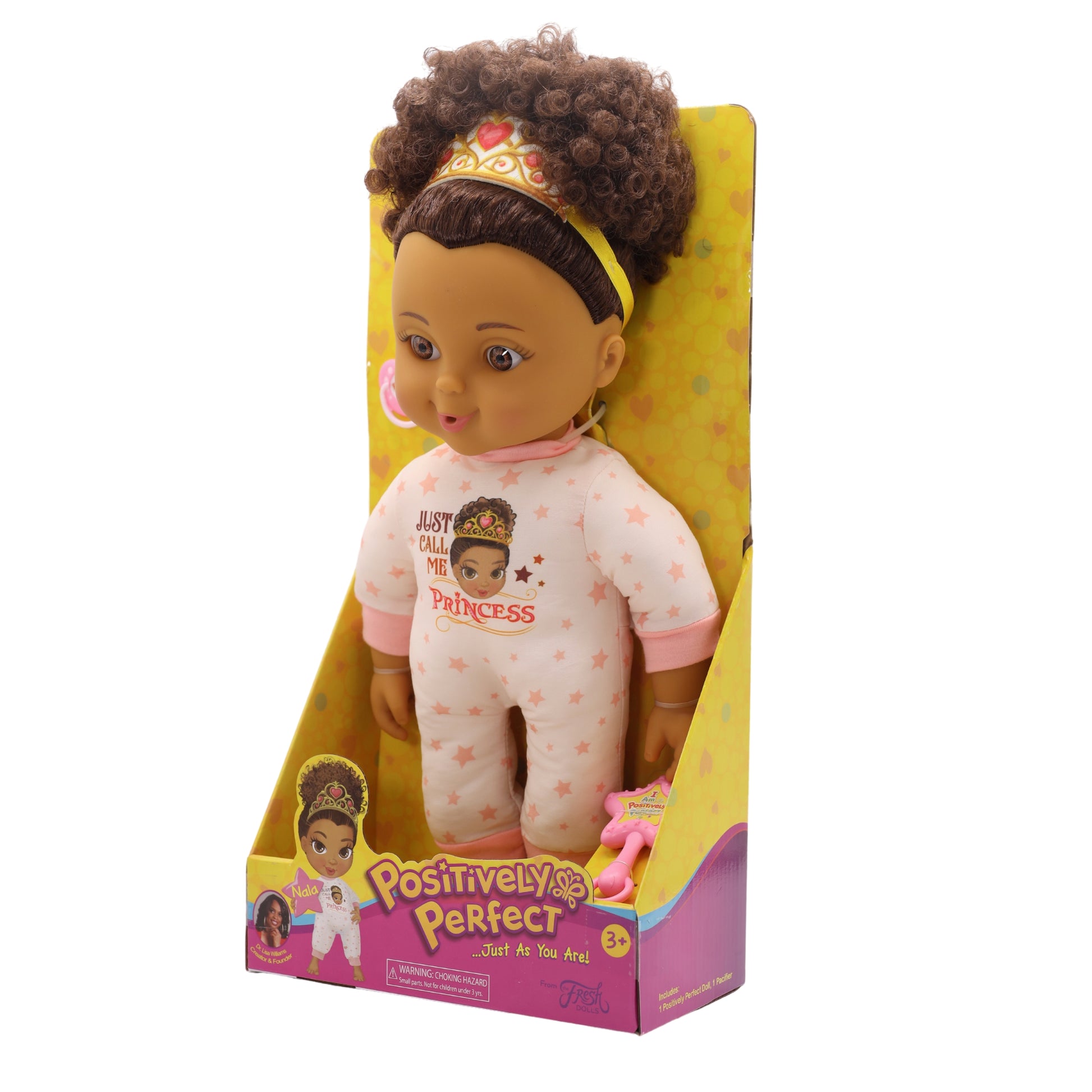 Close-up of Nala doll with curly hair, brown skin, and inspirational outfit