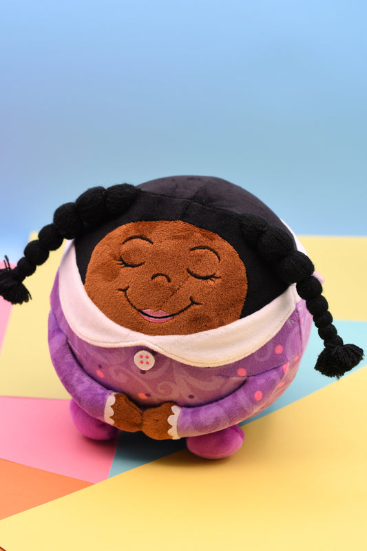Plush toy with braided hair and a purple outfit on a colorful background