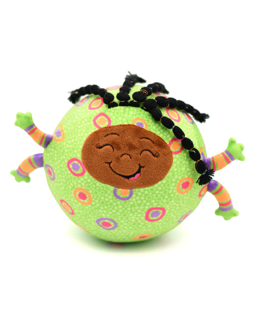 Plush toy with a smiling face, colorful hair, and green body on a white background