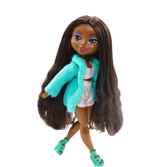 Doll with long brown hair wearing a turquoise coat and shoes on a white background