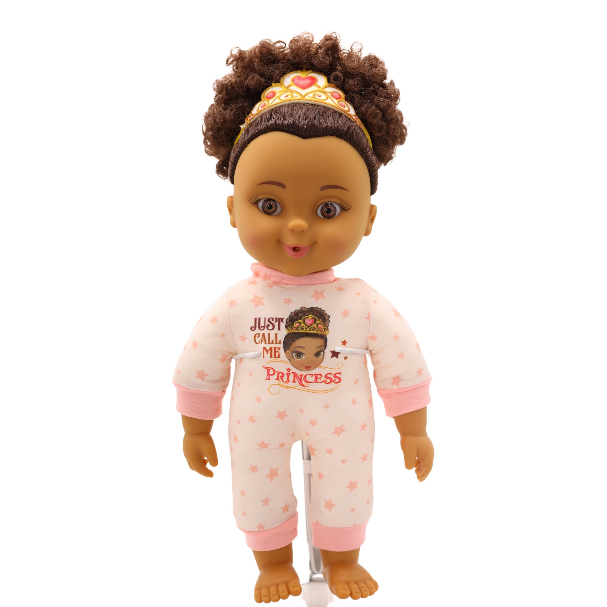 Nala toddler doll in pink star-print pajamas with afro puffs and princess headband