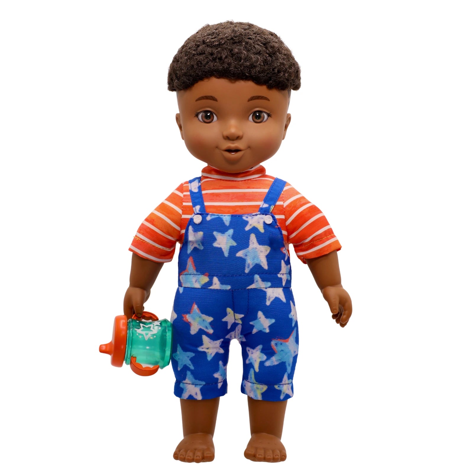 Toy doll with a striped shirt and star-patterned overalls on a white background