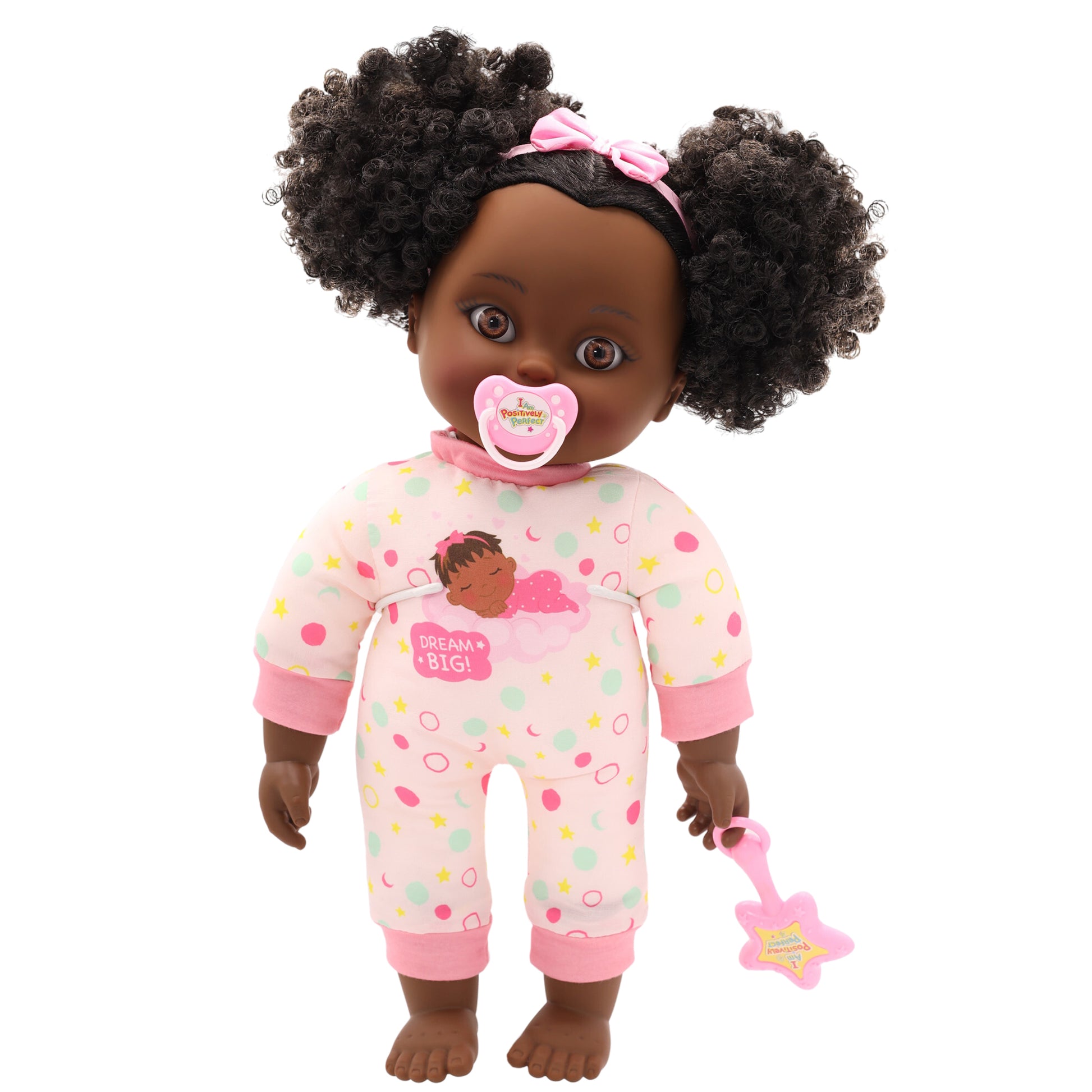 Positively Perfect Yolanda baby doll with curly hair and starry onesie