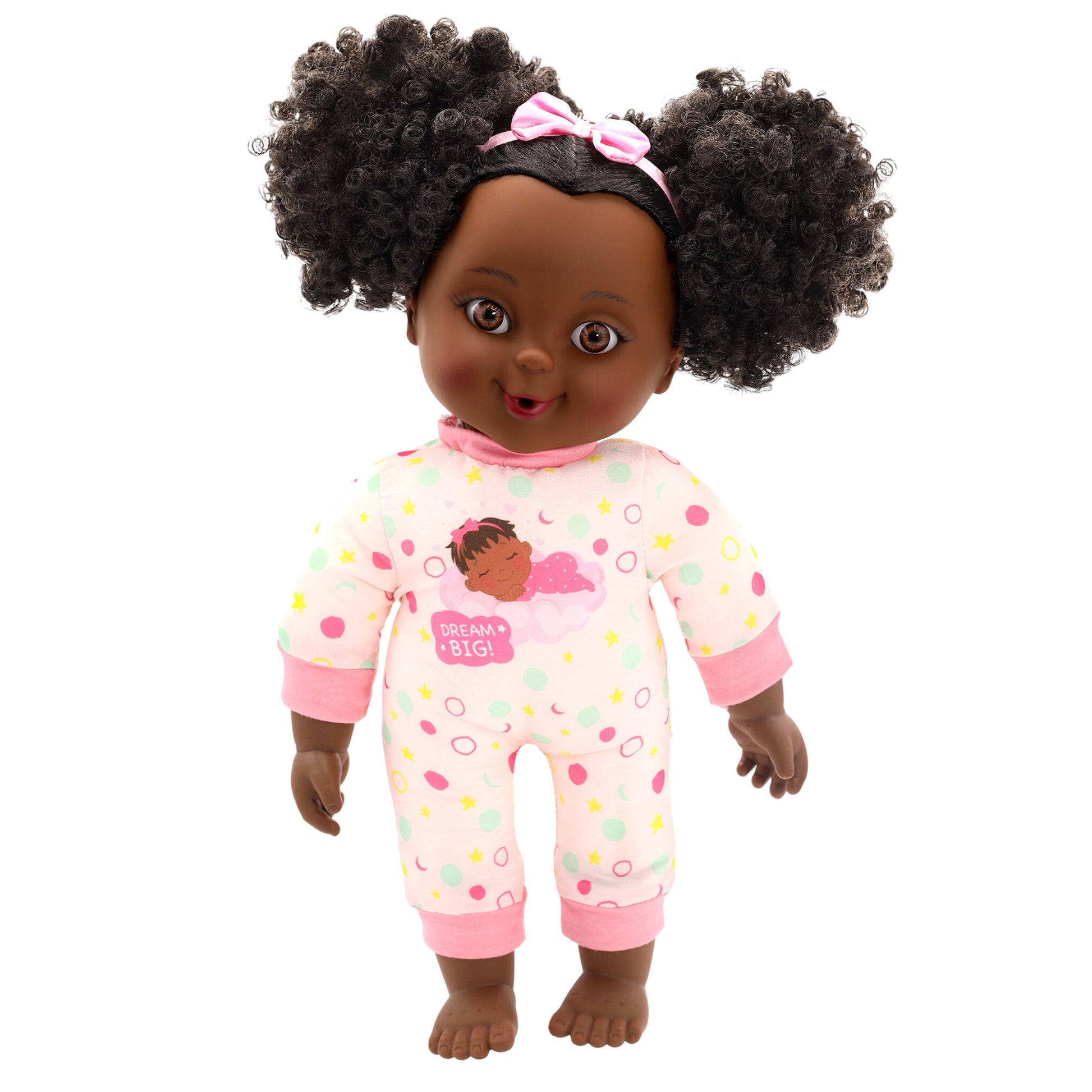 Yolanda 14 inch toddler doll with afro puffs and pink Dream Big outfit