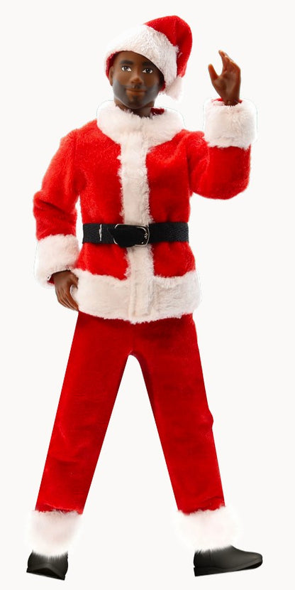 A male fashion doll dressed in a red and white Santa suit with a white fur trimmed velvety red jacket, black buckled belt, red pants with white fur trimmed cuffs, red stocking cap, and black boots.