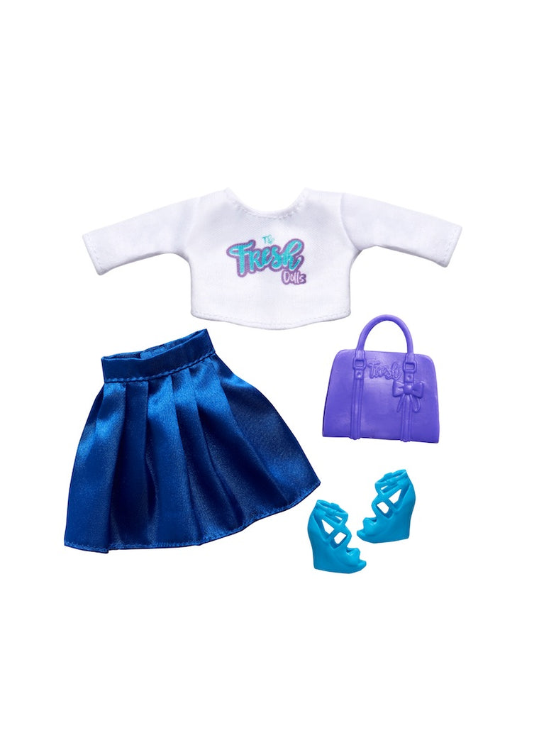 doll clothing blue skirt white crop top purple bag