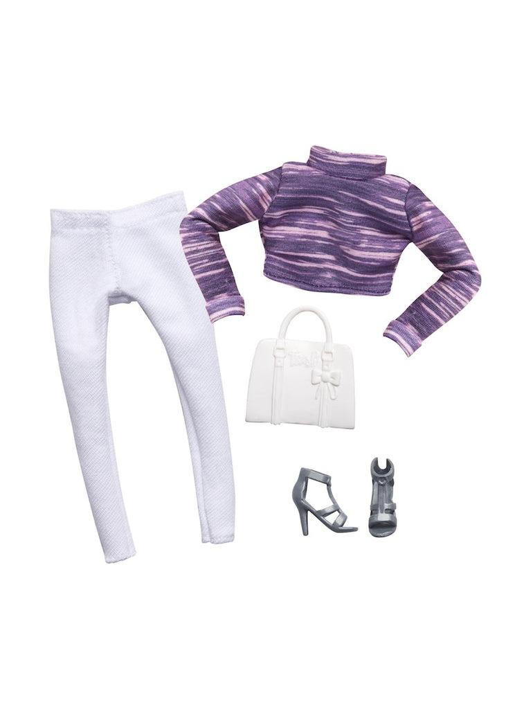 doll clothes purple top white pants bag grey shoes
