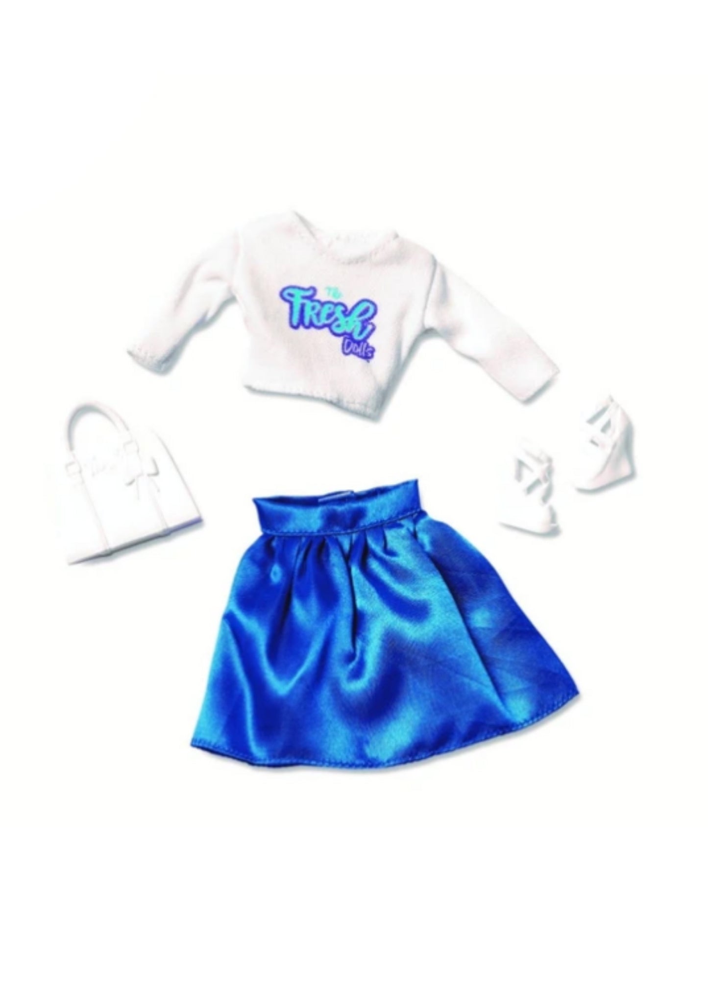 white top with sleeves, blue skirt, white shoes ,and white purse