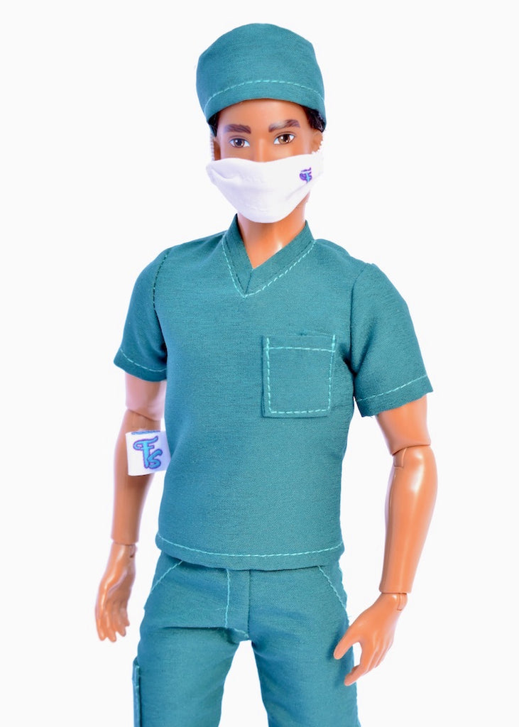 male fashion doll face mask and scrubs